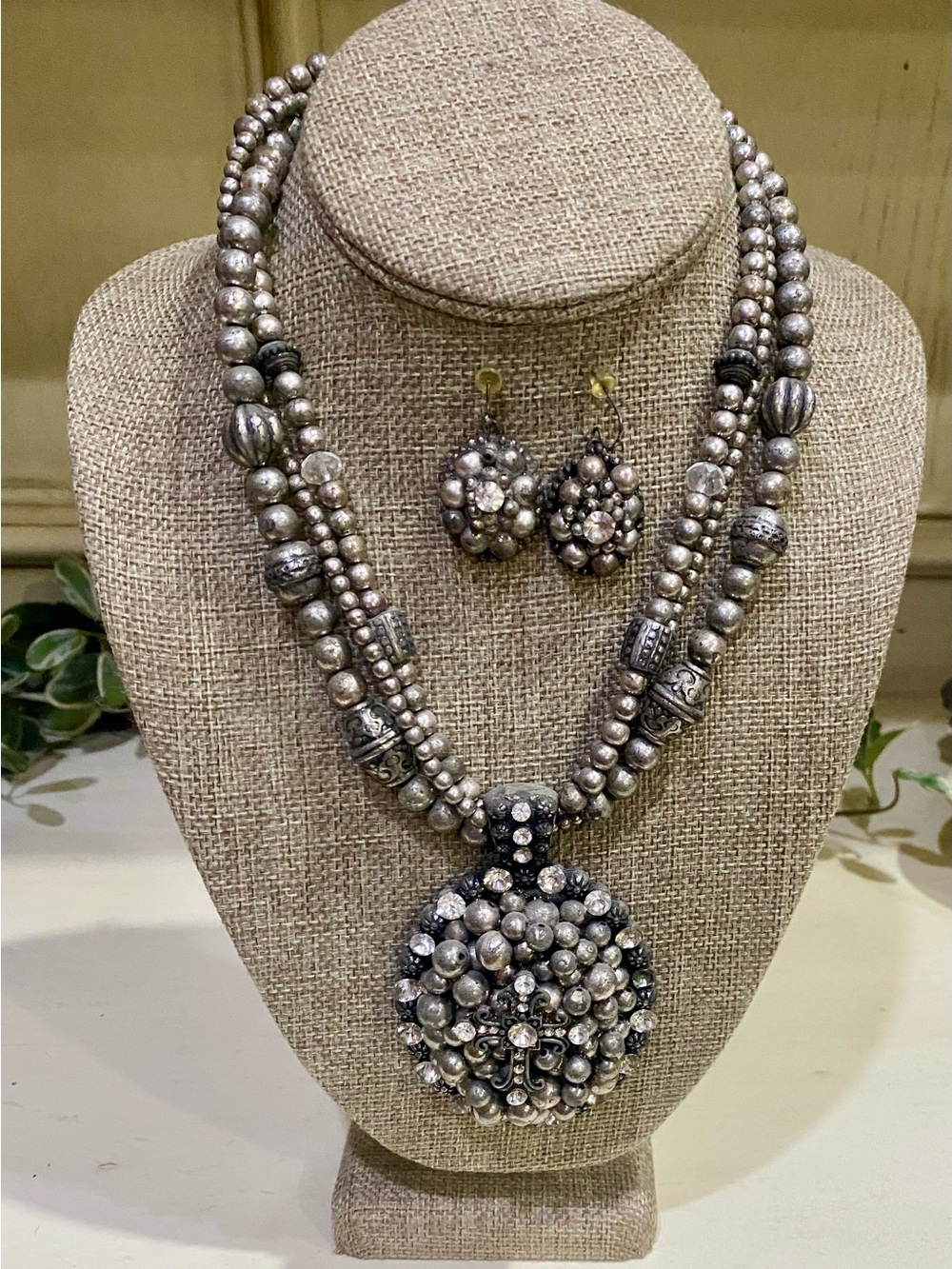 Silver Tone Beaded Rhinestone Pendant Necklace Earrings Set Cross Statement